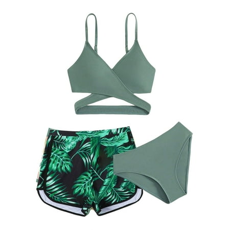 GXWEA 3 PCS Swimsuit Kids Triangle Bikini Top Girls 3 Piece Bathing Suit Summer Racerback Swimsuit With Shorts Beach Tankini Sets Green 12-13 Years
