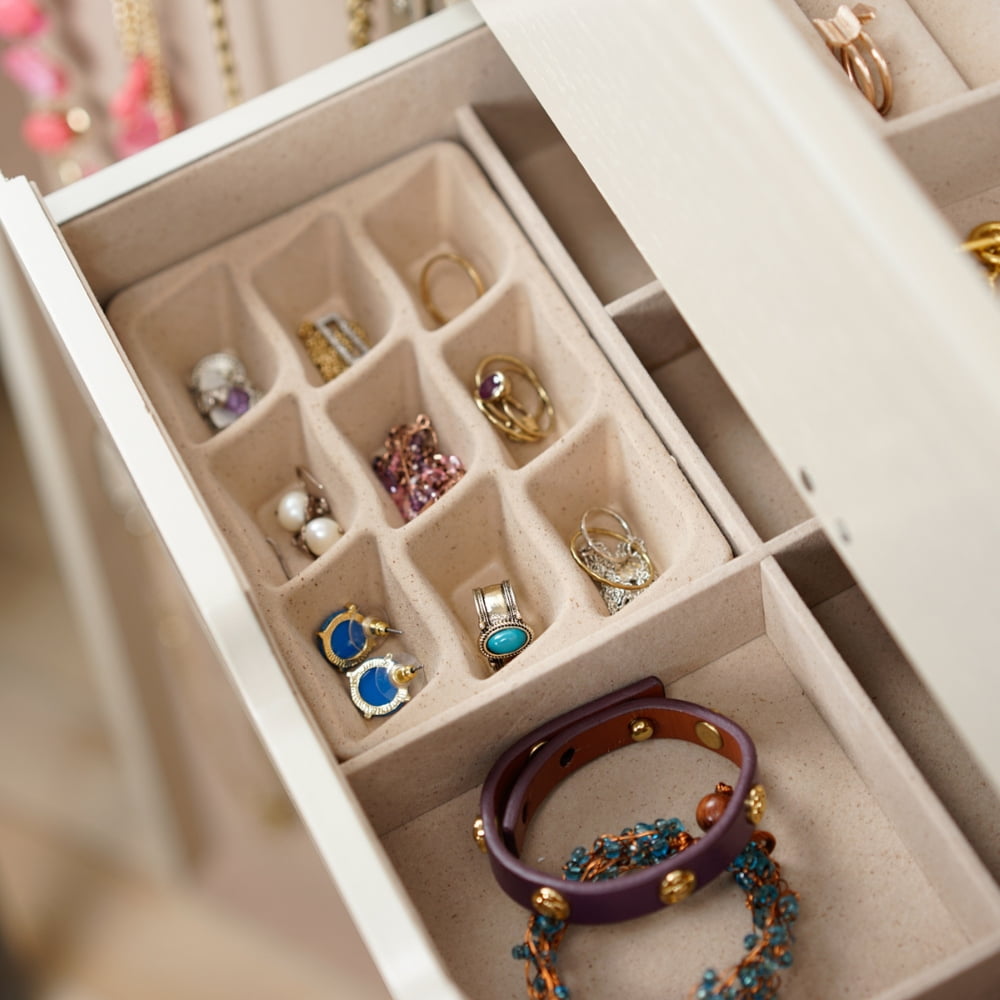 Hives & Honey Chelsea Standing Jewelry Armoire Cabinet, Jewelry Storage Organizer with Top Flip Mirror, 2 Doors, 7 Drawers, Jewelry Chest, Jewelry Box for Necklace, Earring, Bracelet, Taupe Mist