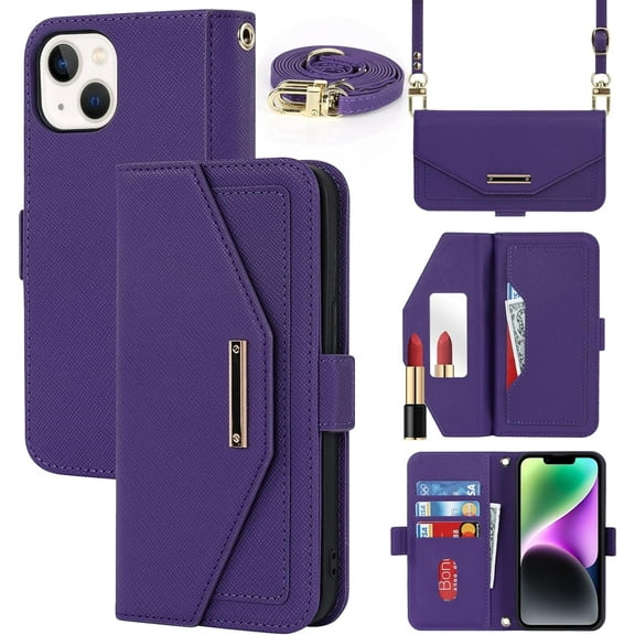 Crossbody Wallet for iPhone 15 Case with Adjustable Lanyard Strap Credit Card Holder 6.1",PU Leather Handbag Purse Kickstand Make Up Mirror Cover Case for Men Women Girl,Purple