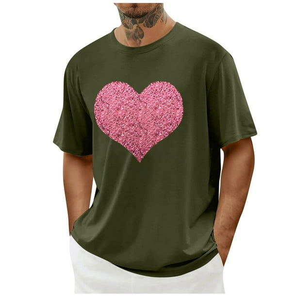 Tops para hombre, blusas y camisas de cuello redondo y manga corta para hombre. Camiseta/camisa informal de cuello redondo y manga corta con estampado de corazones para hombre. Tops de poliéster para