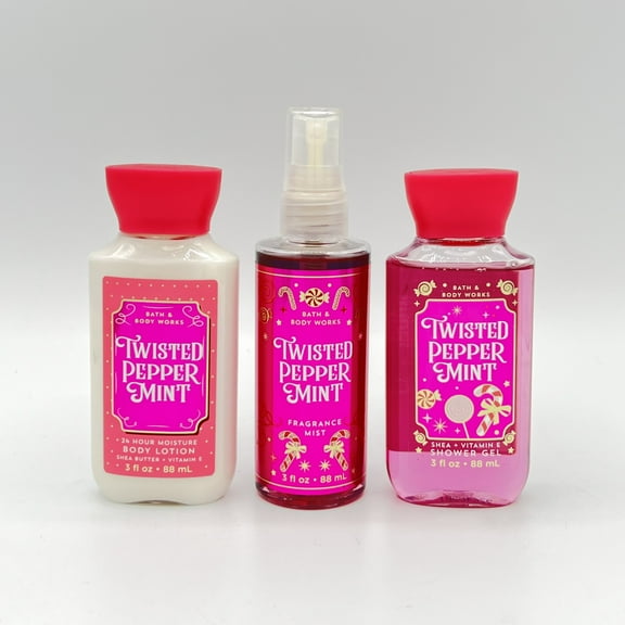 Bath and Body Works Twisted Peppermint Travel Size Body Lotion, Fragrance Mist and Shower Gel 3-Piece Bundle