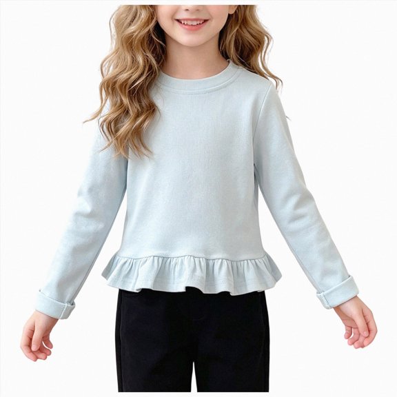 YDFCWXW Girls Peplum Tunic Tops Long Sleeve Shirts Blouses Casual Swing Tunic for School (Light Blue, 3-4 Years)