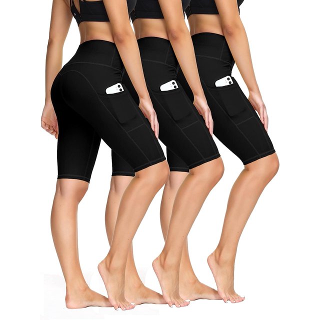 FIT 3 Pack 5" 8" 11" Crossover Biker-Shorts-Mujer con bolsillos Buttery Soft Cintura alta Control de barriga Legging Yoga3 Pack - Negro/Negro/Negro 11"Large esquí esquí Gafas de esquí