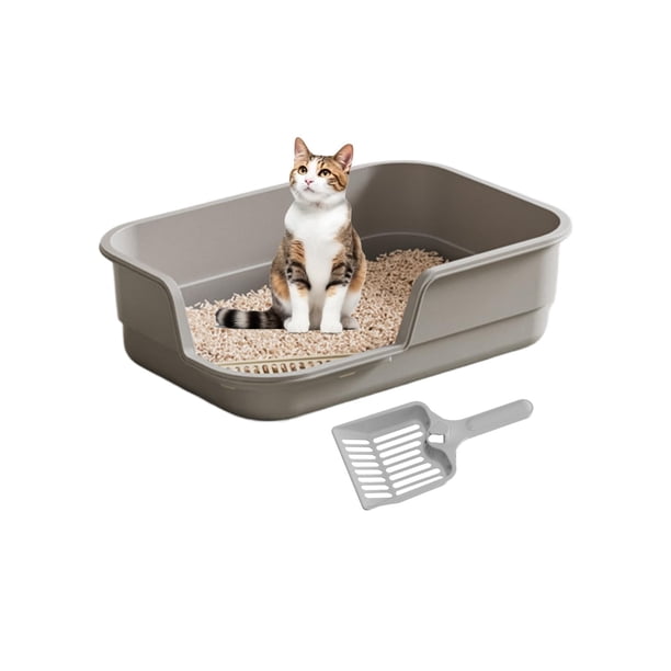 Arenero semicerrado extragrande con laterales altos, entrada baja y resistente a salpicaduras, ideal para gatos mayores. Arenero abierto y limpio para gatos.