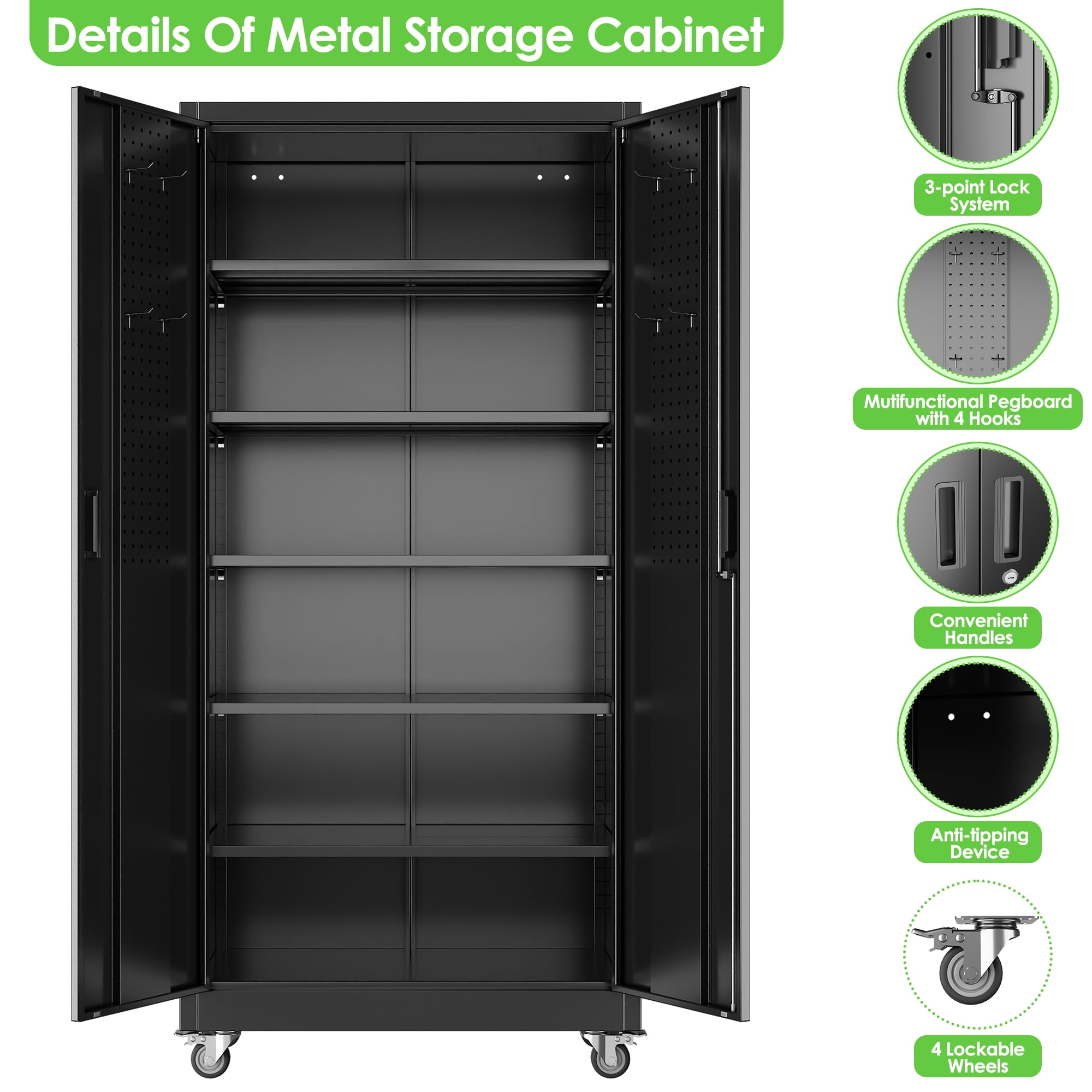 Aobabo Metal Storage Cabinet with Lock,Garage Storage Cabinet with Wheels,72In Steel Storage Cabinet for Garage Home Storage, Black Required-Assembly