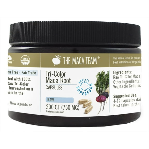 Organic Raw Tri-Color Maca Capsules - Vegan, 750mg, 200 ct.