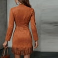 thumbnail image 5 of asdoklhq Church Dresses for Women Stand Collar Long Sleeve Half-Zip Fringe Slim Long Sleeve V-Neck Dress Brown 2X, 5 of 7