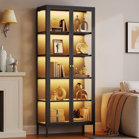 5-Tier Glass Display Cabinet with 13-Color RGB Light, 67” Curio Cabinet with Glass Doors & Adjustable Shelves, Metal Display Cases for Collectibles Figure Trophy, Black