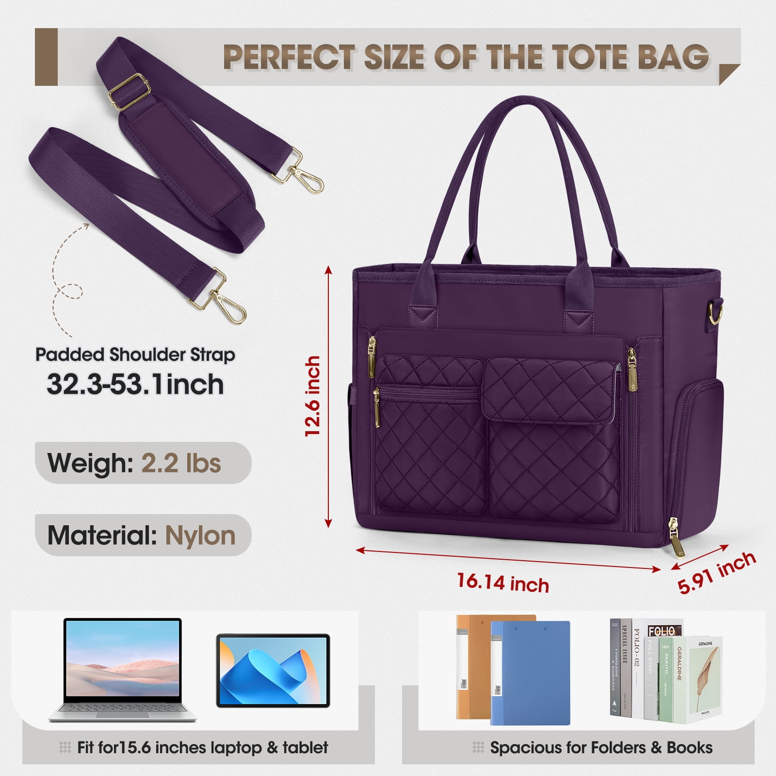 RAINSMORE Teacher Tote Bag with Insulated Lunch Compartment Lightweight 15.6 inch Laptop Bag for Women Work Bags Nurse Tote Bags,DarkPurple