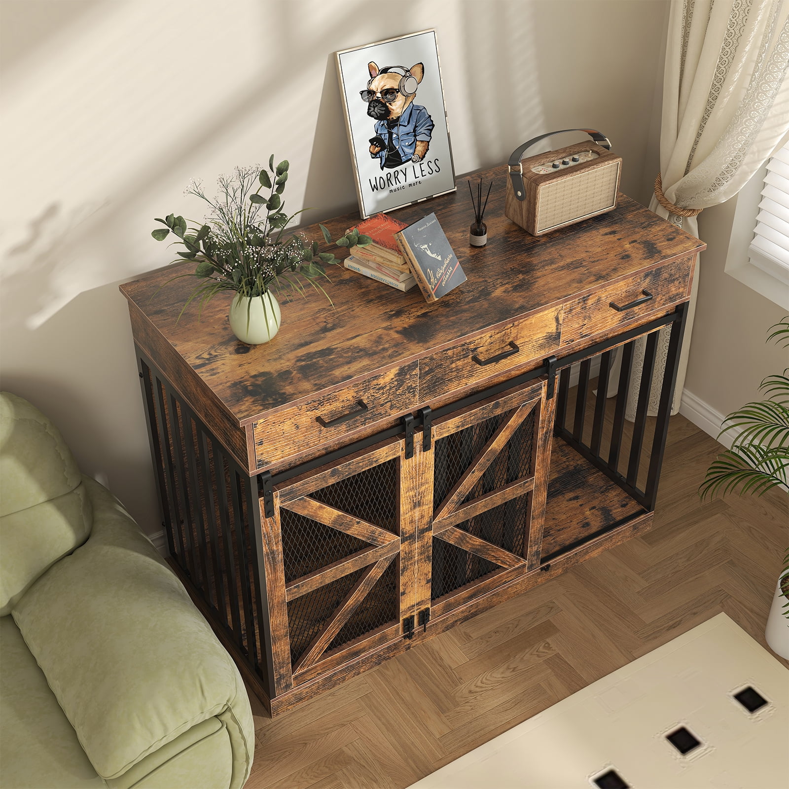 2-in-1 Farmhouse Dog Crate Furniture - Wooden Large Dog Kennel with Drawers Storage - Double Doors - Indoor TV Stand - Inner Height: 24 Inches - Ideal for One Big Dog or Two Small Dogs