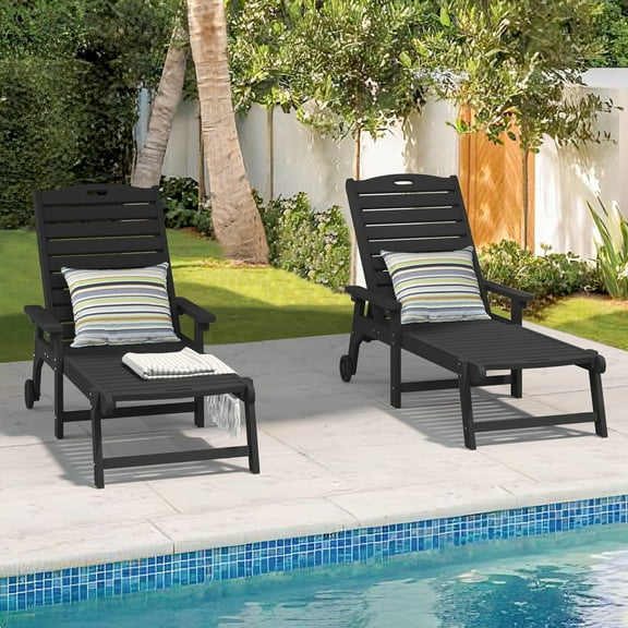 Dycanpo Lounge Chair Outdoor Set of 2, Resin Chaise Lounge with Wheels & Adjustable Backrest,Black