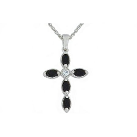 - 1 Ct Genuine Black Onyx Cross Pendant .925 Sterling Silver Rhodium Finish