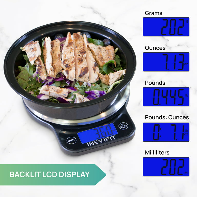 INEVIFIT Digital Kitchen Scale, Highly Accurate Multifunction Food Scale 13  lbs 6kgs Max, Clean Modern Black with Premium Stainless Steel Finish.