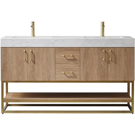 Pemberly Row Modern 60" White Grain Stone Top Double Vanity in Oak