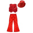 thumbnail image 3 of Doomiva Kids Boys Girls Latin Jazz Modern Dance Outfits Sleeveless Sparkly Vest Waistcoat with Flared Pants Hat Set Red 6-7, 3 of 5