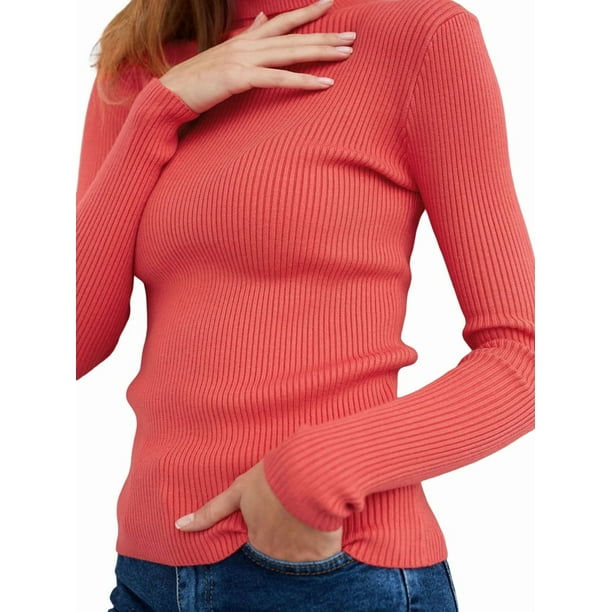 Suéteres Acanalados para Mujer, Lindos Suéteres de Punto de Cuello Alto, Ajustados y Cálidos Sandía un Tamaño