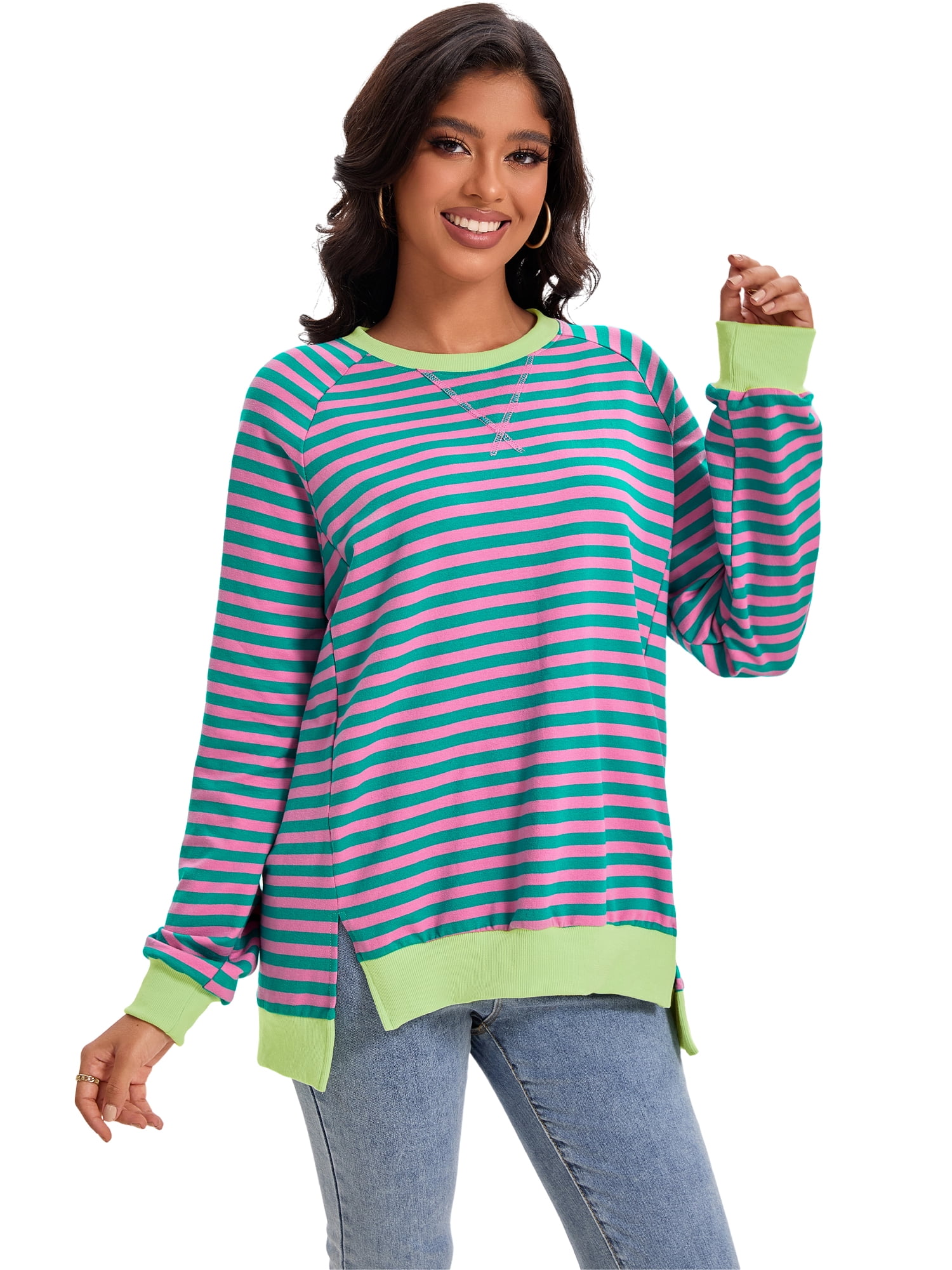 DARING DIVA Women's Striped Oversized Crewneck Pullover Tops XL Green Pink