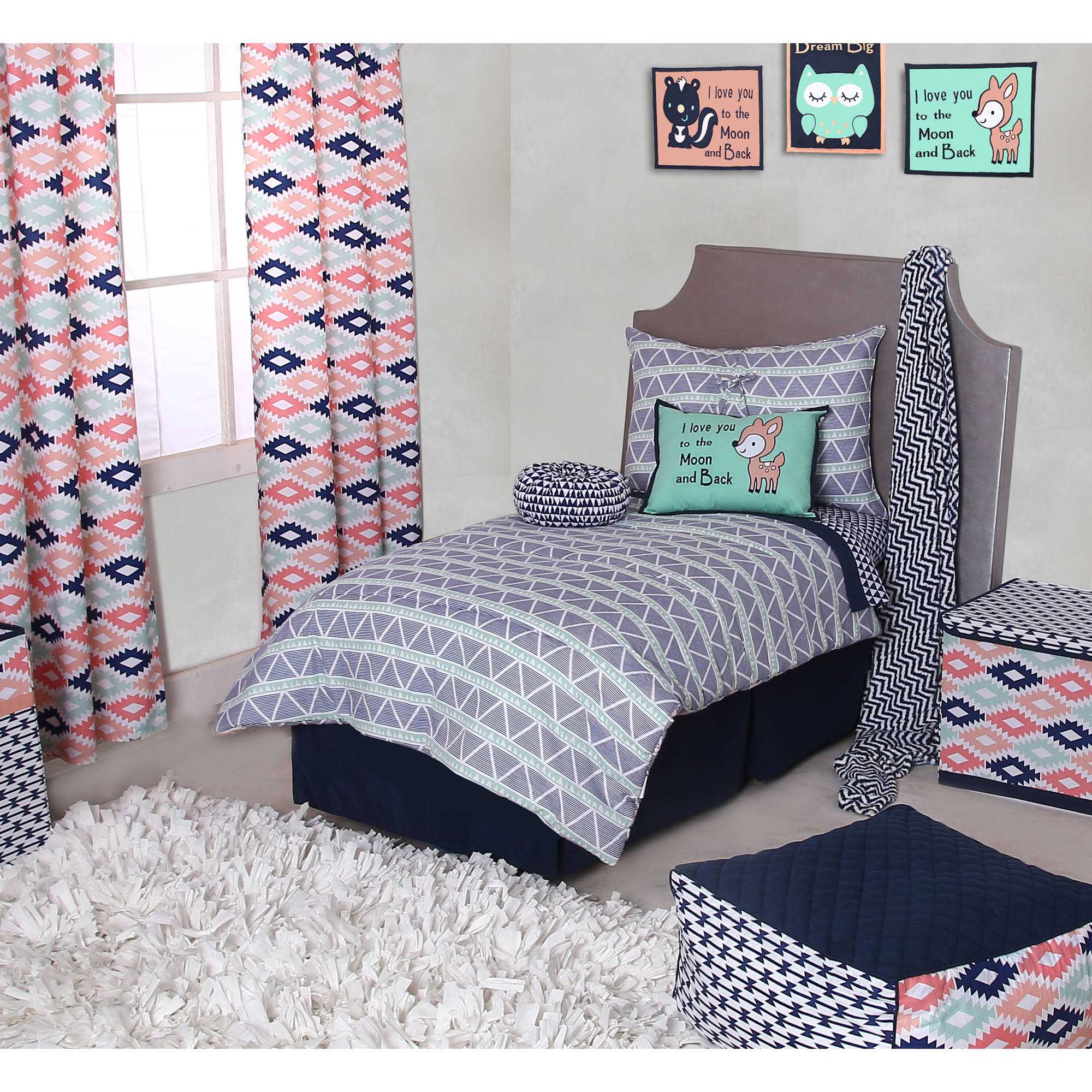 Bacati - Emma Aztec Coral/Mint/Navy Triangles 100% Cotton Muslin 4-Piece Toddler Bedding Set