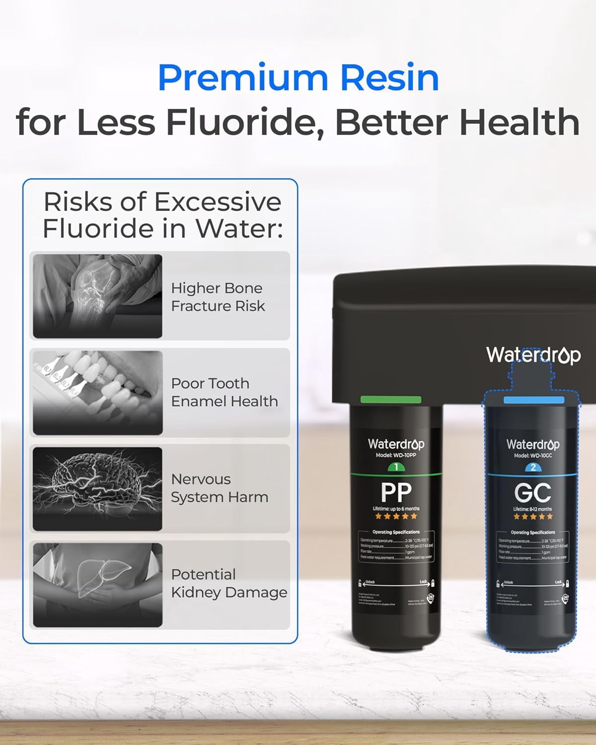 Waterdrop WD-10GC Under Sink Water Filter, Replacement for Waterdrop TSA & TSB & TSB cm 3-Stage Under Sink Water Filter System