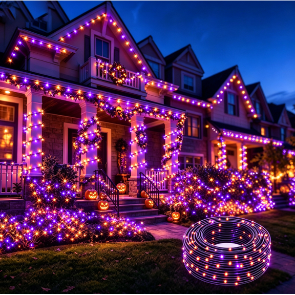 12m 100 LED Orange Purple Halloween String Lights, Waterproof Plug In Fairylights With 8 Modes For Yard Window Mantel Party Decor