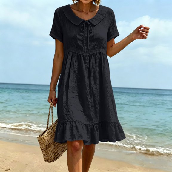 Ayolanni Dresses for Women 2026 Solid V Neck Short Sleeve A-Line Midi Dress Beach Travel Cotton Linen Flowy Dress Black L
