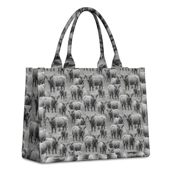 Large Capacity Tote Bag,Gray Highland Cow Group Pattern Handbag Fashion Luxury Tote Bag,15.7"x13"x 5.1" Inches,Laptop Compatible