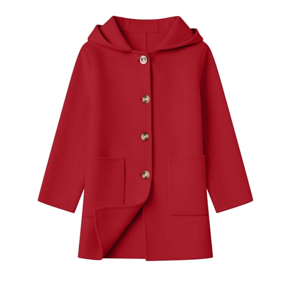 ZACPNCV Girls Mid‑Length Hooded Coat Solid Color Single Breasted Long Sleeve Pocket Overcoat Warm Winter Jacket,Red