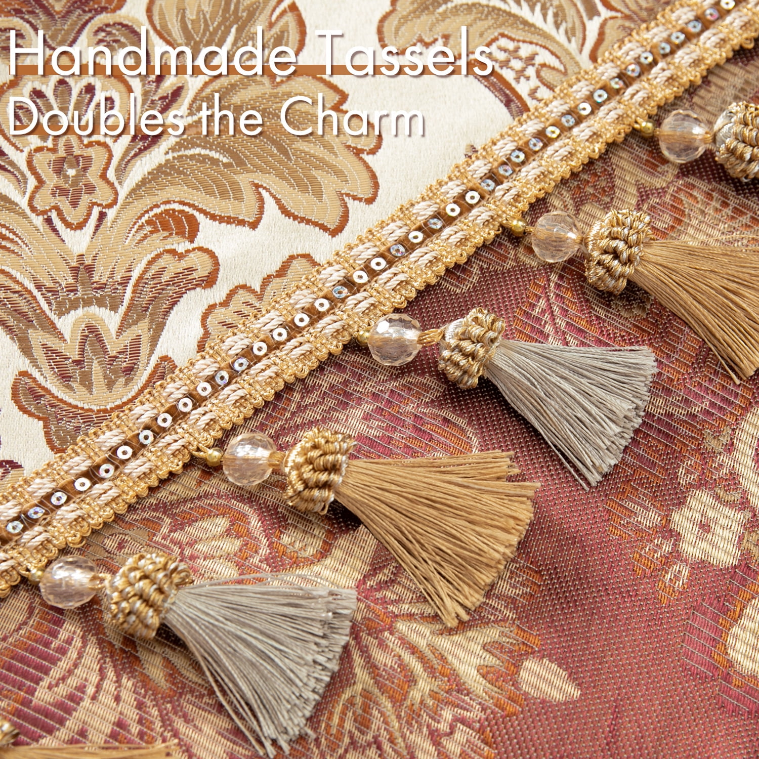 VOGOL Beige Damask Valance, Beaded Tassels Swag Curtains 138x43 Inches for Villa Windows