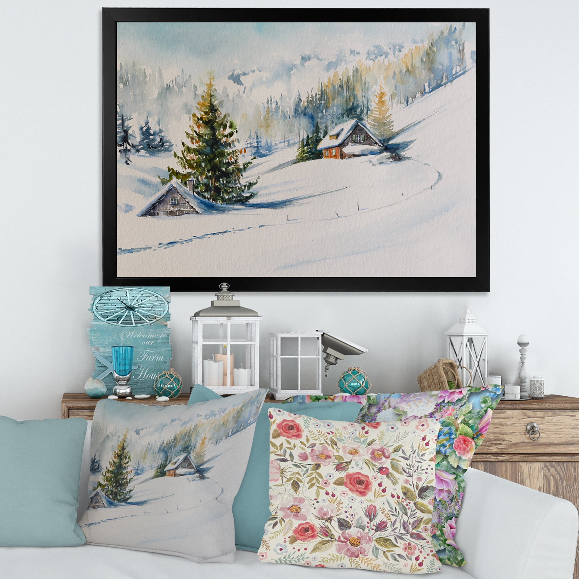 Designart 'The Winter Mountains With Little House' Traditional Framed Art Print