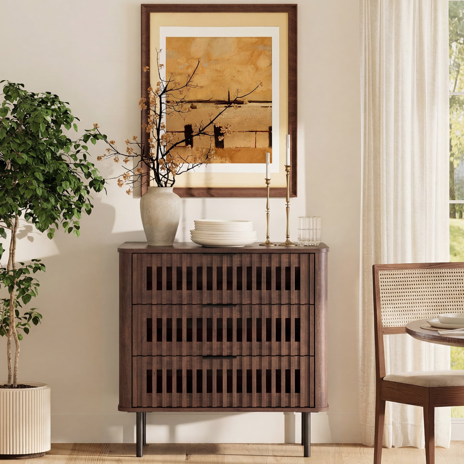 31.5" W Modern TV Stand with 3 Slatted Storage Drawers, Mid-Century Modern Media Console for Living Room/Bedroom, Walnut