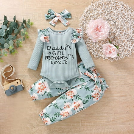 

BadyminCSL Toddler Baby Girls Ribbing Romper Printed Long Sleeve + Flower Printed Trousers Pants Kids Suit