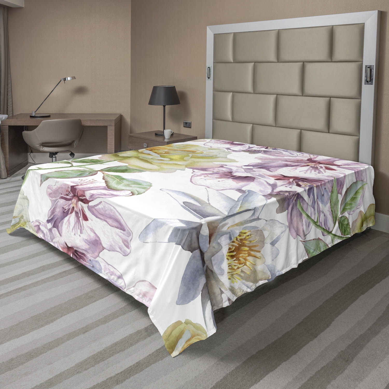 Floral Flat Sheet, Rose Petals Sakura Lily Flowers Blooms Romance Florets Design, Soft