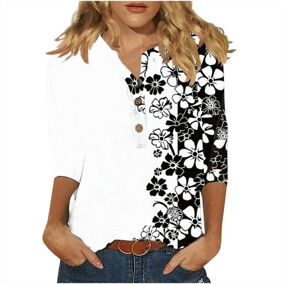 QQAMB Womens Tops 3/4 Sleeve Casual Knit Notched V-Neck Floral Printed Shirts Button Summer Loose Blouses White M