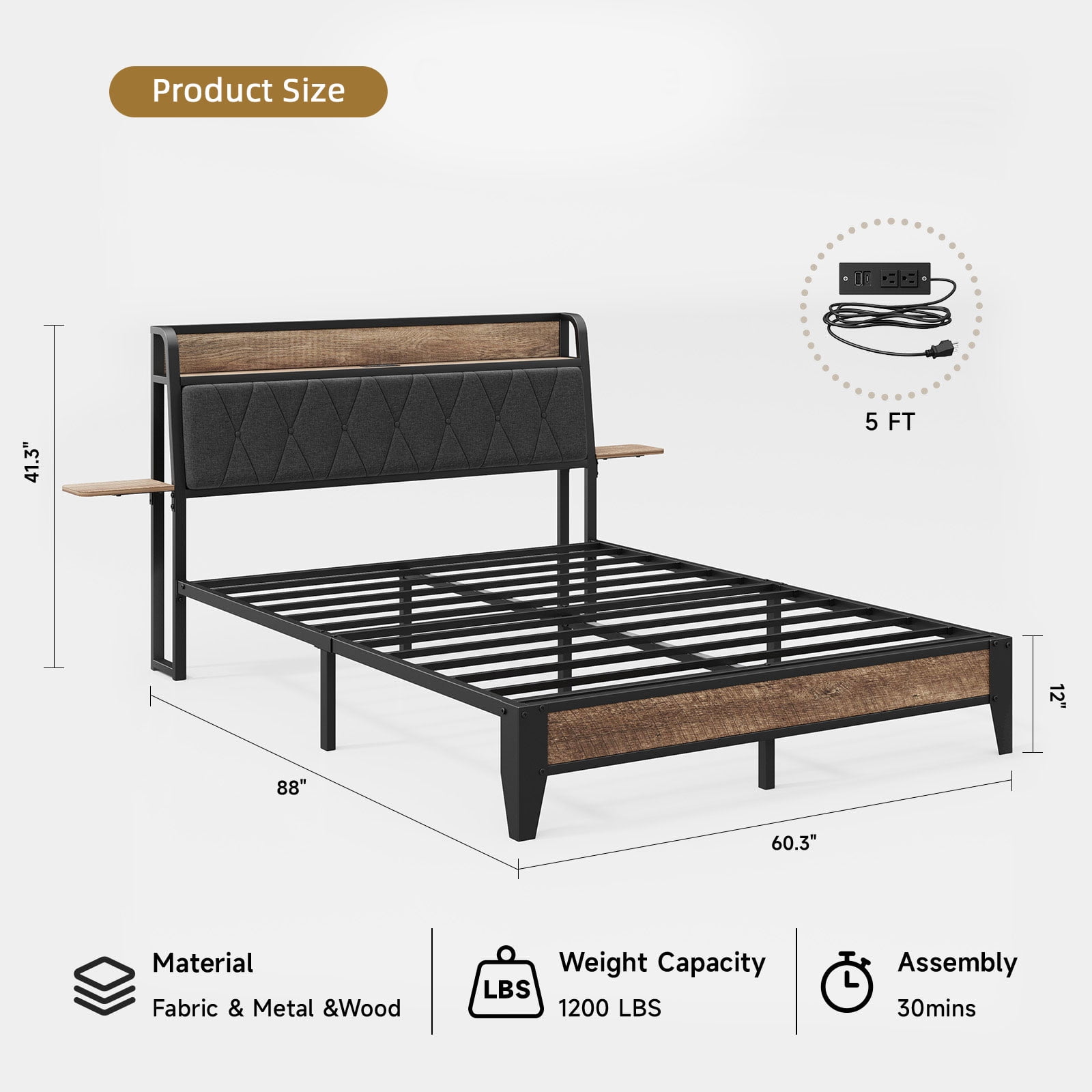 Queen Size Bed Frame with Charging Station, Ergonomic Upholstered Headboard with Side Storage Shelf, Metal Slats Support, Twin Platform Bed Frame, No Box Spring Needed, Black