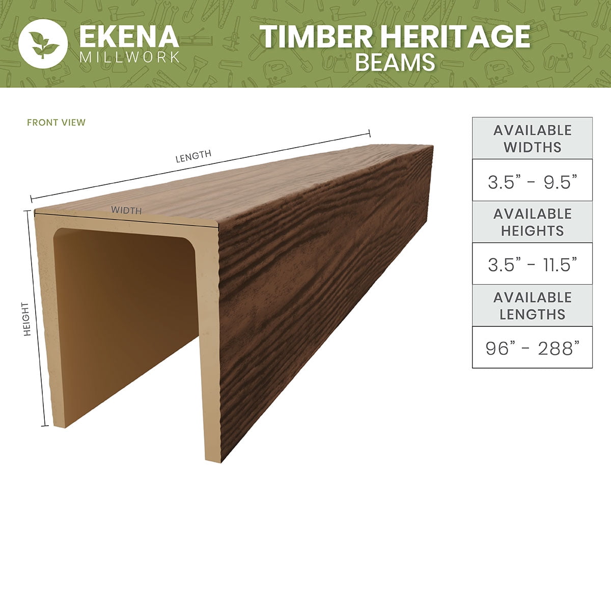 Ekena Millwork 5 1/2"W x 7 1/2"H x 192"L 3-Sided (U-Beam) Mena HeritageTimber Faux Wood Ceiling Beam, Natural White Oak