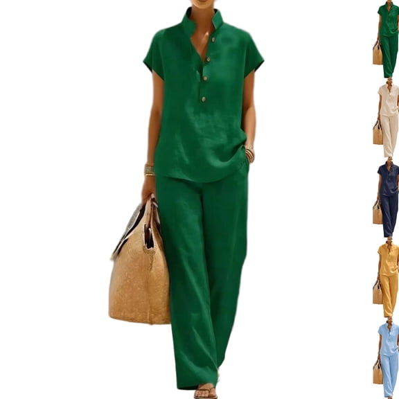 Linen Sets for Womens 2 Piece Outfits Short Sleeve V Neck Button Shirts and Wide Leg Pants Set Vacation Beach Outfits,Dark Green,M