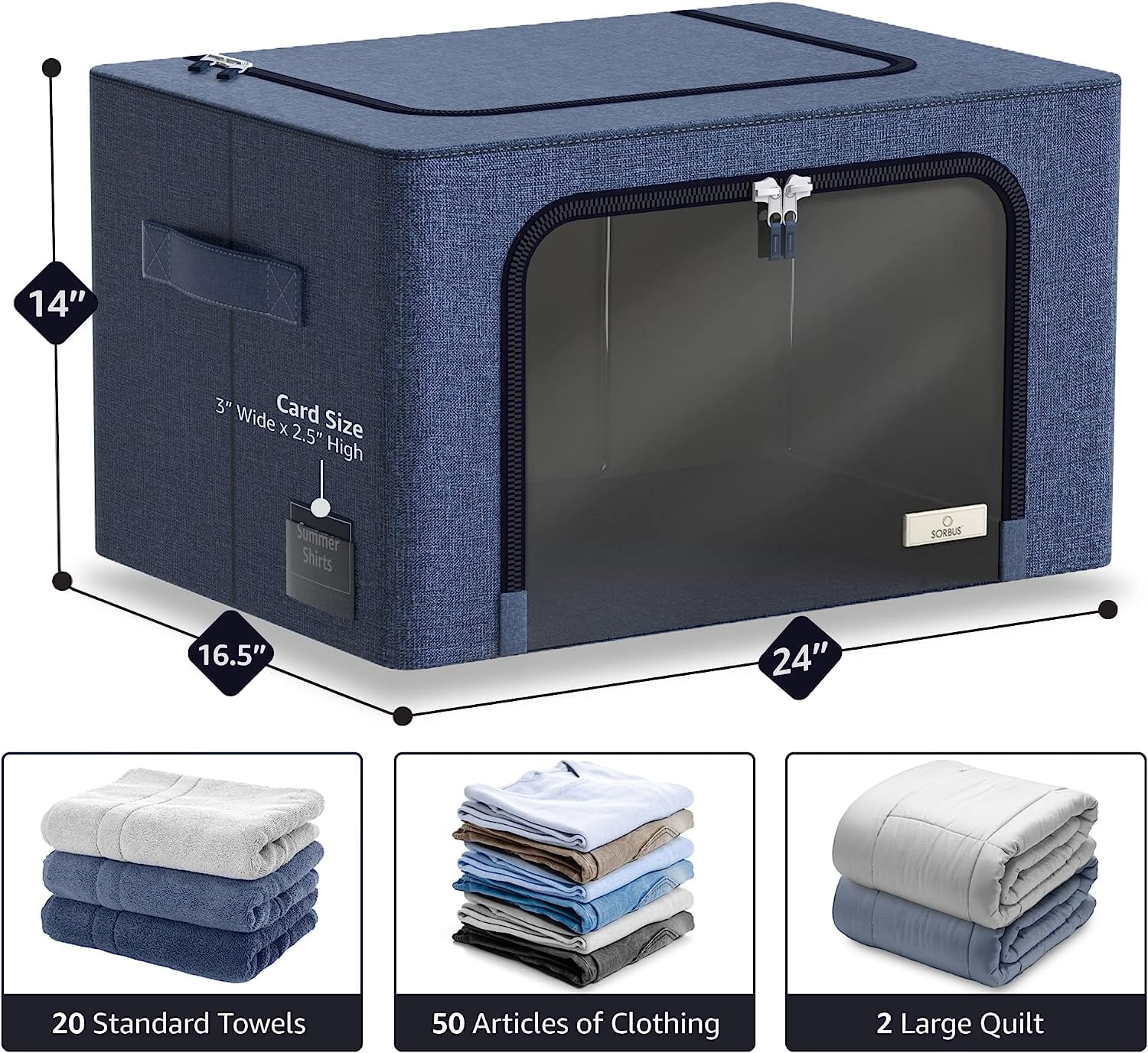 Sorbus Large Foldable Storage Bin with Metal Frame – Stackable Organizer with Handles, Blue