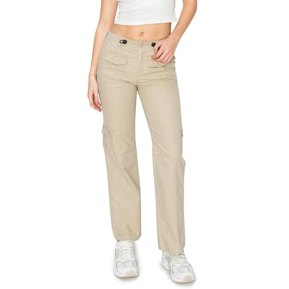 CALI1850 Women's Comfortable Mid Rise Adjustable Waist Straight Leg Cargo Pants With Bungee Stopper