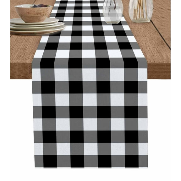 Black White Plaid Burlap Cotton Table Runner 13x36 Inches Short, Gradient Geometric Buffalo Checkered Farmhouse Table Runners, Outdoor Dining Tablecloths Decor for Baby Shower/Party/Wedding