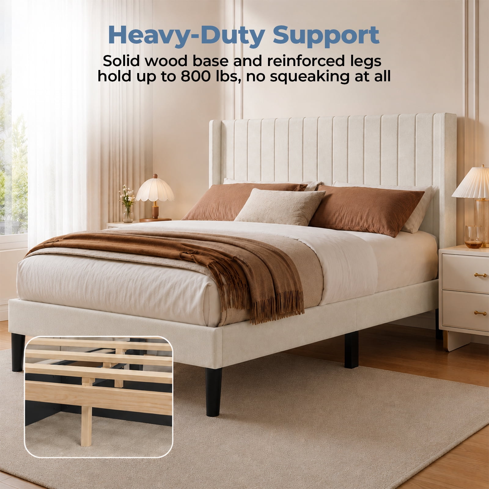 Alvantor Upholstered Bed Frame, Fabric-covered Wing-shaped Headboard and Wooden Crossbars, Bed Frame with Storage Space, Easy Assembly, Noise Free, No Box Spring Needed