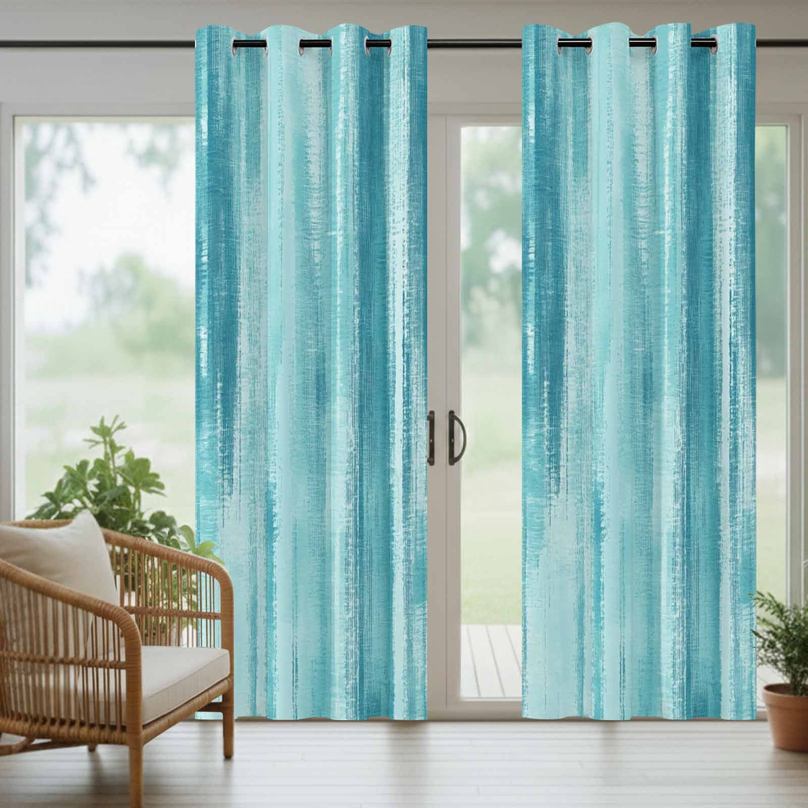 Cyan Paint Outdoor Curtains for Patio, Modern Abstract Blue Green Stripes Sunshade Privacy Drapes Grommet Waterproof Outside Curtains for Porch/Cabana/Balcony 54"x 108", 1 Panel