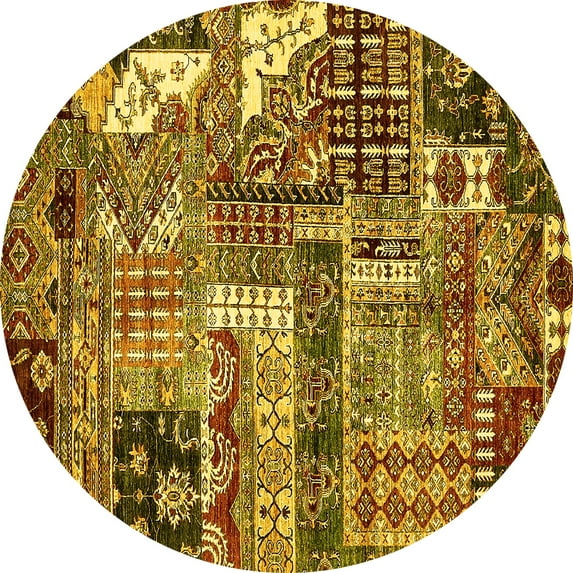 Ahgly Company Machine Washable Indoor Round Abstract Yellow Modern Area Rugs, 7' Round