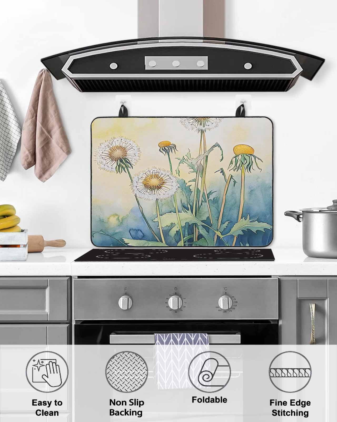 nqOlkjepod Large Induction Cooktop Protector Mat 24"x21", Yellow Blue Ombre Floral Stove Top Covers for Electric Stove, Watercolor Flowers Retro Stove Burner Cover Mats, Glass Top Stove Cover