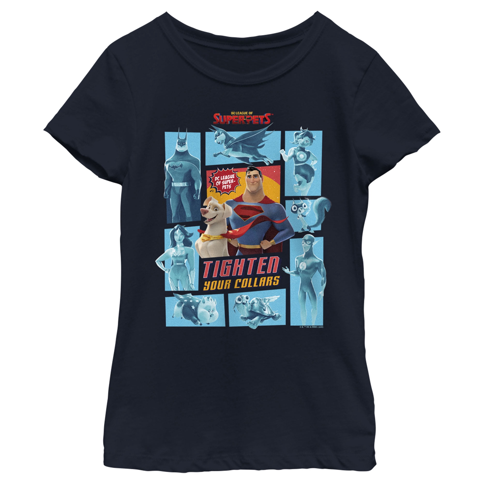 Girl's DC League of Super-Pets Tighten Your Collars Panels Graphic Tee Navy Blue Medium