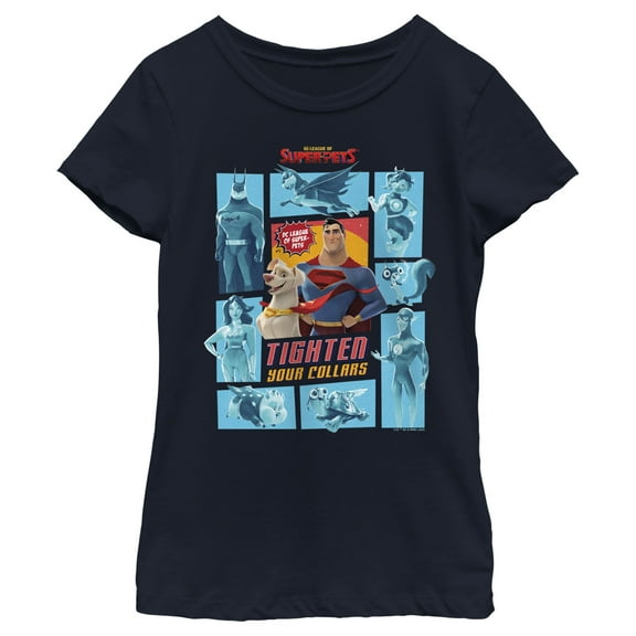 Girl's DC League of Super-Pets Tighten Your Collars Panels Graphic Tee Navy Blue Medium