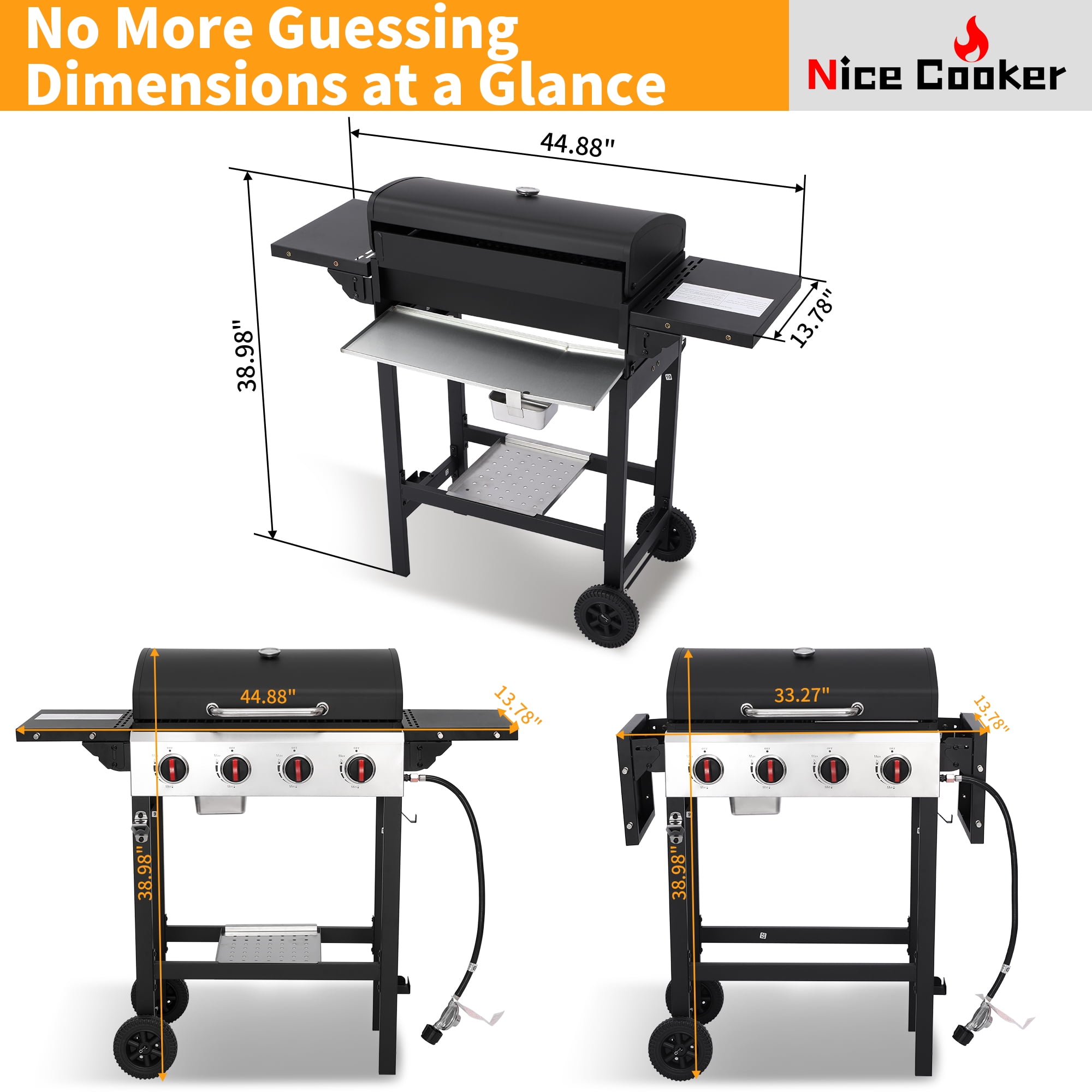 4-Burner Propane Gas Grill with Cast Iron Grates, 302 Sq. In. BBQ Grilling Space, Foldable Side Shelves for Portable Outdoor Patio Camping, Black