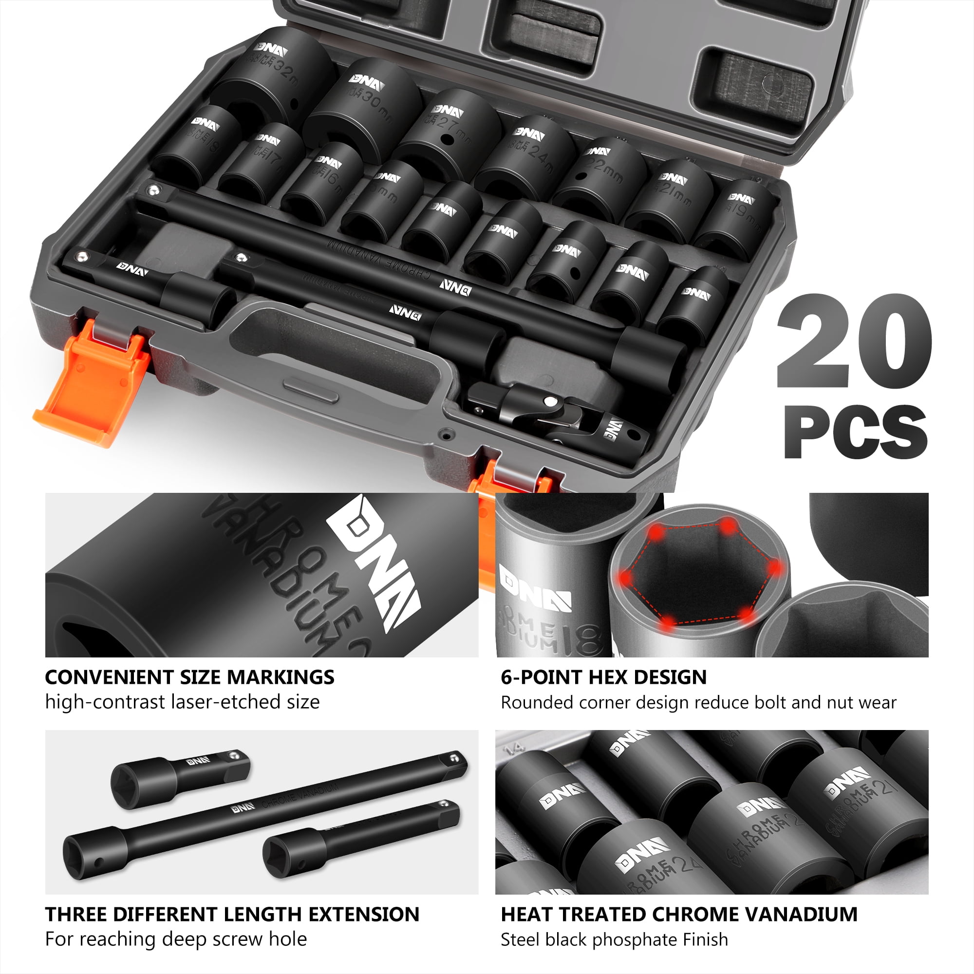 DNA Motoring TOOLS-00148 20 Pcs 1/2" Drive Metric Deep Impact Socket Set 10-32mm w/ Extension Bars & Joint With Carry Case
