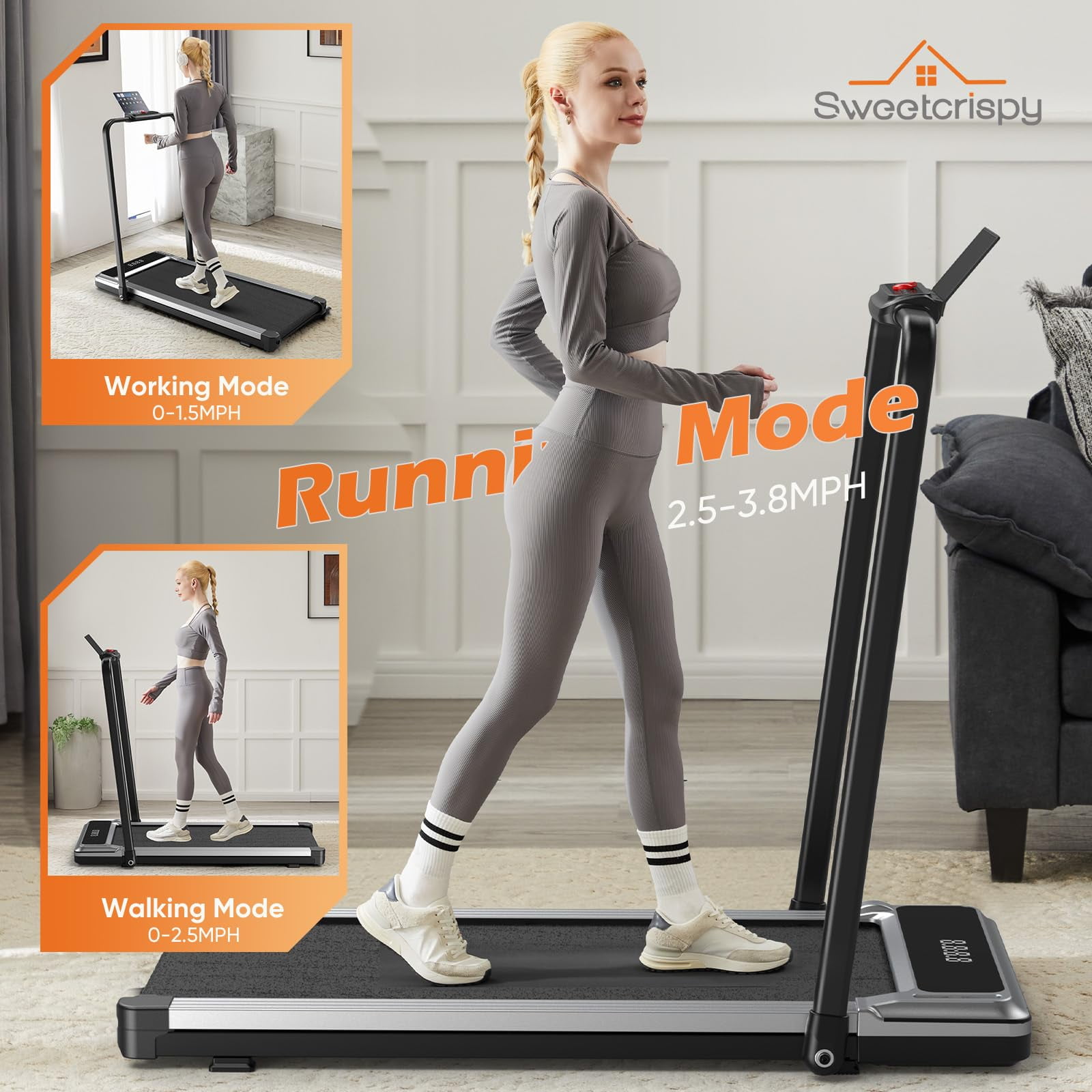 CONCETTA Foldable Walking Treadmill with Handrails, Quiet 2-in-1 Under Desk Treadmill for Home Office, Remote Control, LED Display, Silver