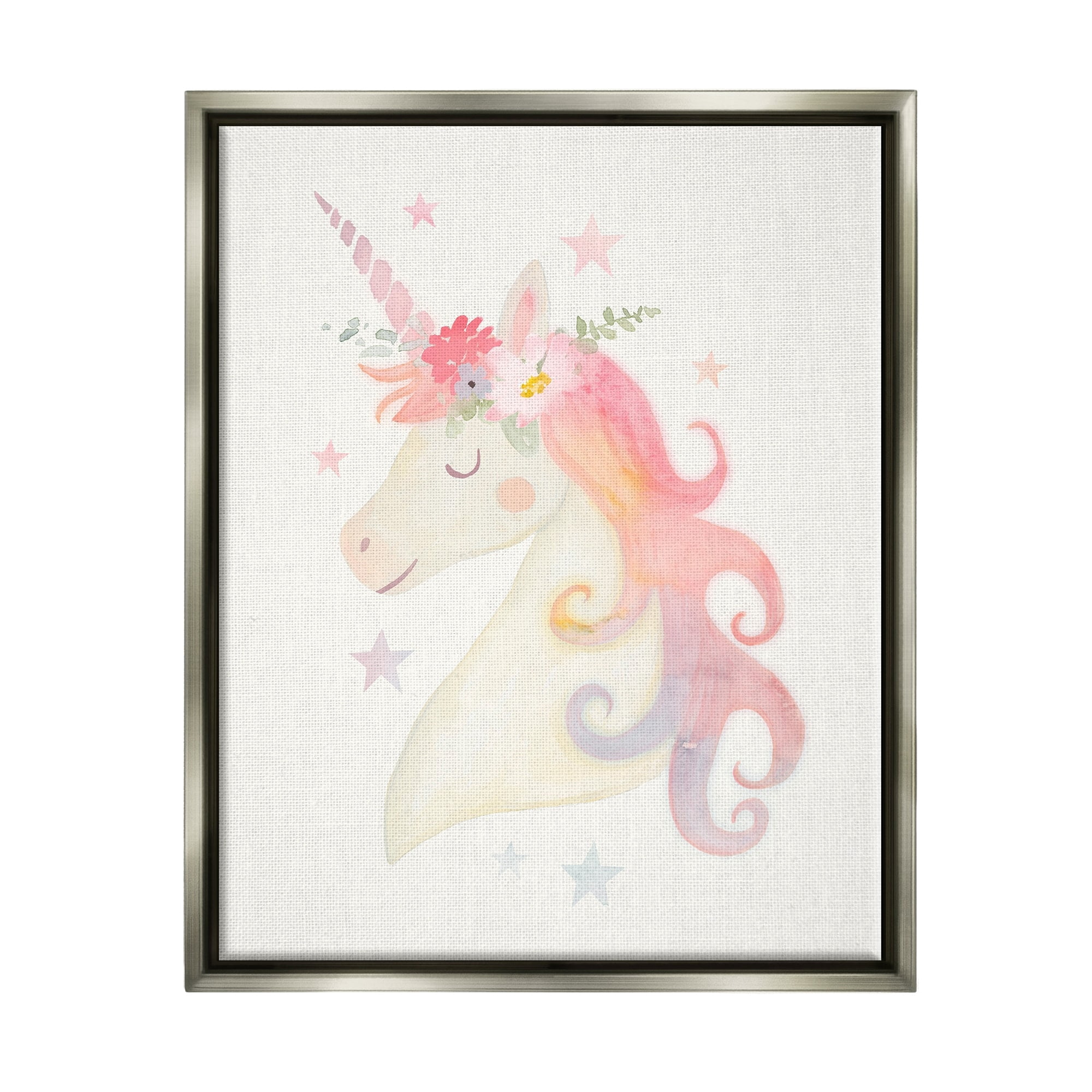 Stupell Industries Charming Unicorn Smiling Flower Crown Stars Design Graphic Art Luster Gray Floating Framed Canvas Print Wall Art, Design by Victoria Barnes