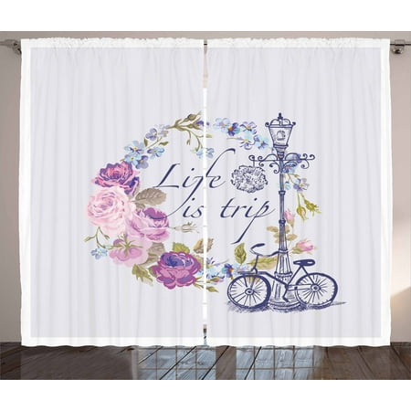 Shabby Chic Decor Curtains 2 Panels Set, Life is Trip Inspirational Quote Romantic Floral Wreath Retro Bicycle, Window Drapes for Living Room Bedroom, 108W X 90L Inches, Multicolor, by